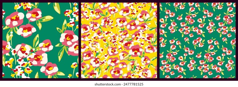 Seamless floral pattern, abstract ditsy print in summer retro style. Artistic botanical design: hand drawn meadow, small flowers, grass on green field. Vector illustration, wallpaper, textile fashion.