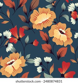 Nahtloses Blumenmuster, abstrakter ditsy Print, Vintage-Ornament im Herbst, Winterfarben. Wunderschönes botanisches Design: handgezeichnete große Wildblumen, Blätter, Kräuter auf einem dunklen Blau. Vektorillustration.