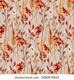 Seamless floral pattern, abstract ditsy print in vintage motif. Elegant botanical wallpaper textile design: small hand drawn wild flowers, tiny branches, leaves in autumn colors. Vector illustration.