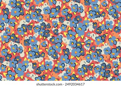 Seamless floral pattern, abstract ditsy print, liberty style sketch meadow. Artistic textile, wallpaper design: small simple hand drawn flowers, leaves, grass on a colorful field. Vector illustration.