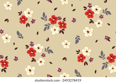 Seamless floral pattern, abstract ditsy print of mini flowers in vintage folk motif. Cute botanical design: small hand drawn plants, tiny simple bouquets on beige background. Vector illustration.