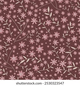 Seamless floral pattern, abstract ditsy print in old fashion motif. Romantic botanical design: hand drawn branches, twigs, small flowers, tiny leaves on a light background. Vector illustration