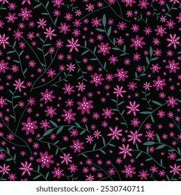 Seamless floral pattern, abstract ditsy print in old fashion motif. Romantic botanical design: hand drawn branches, twigs, small flowers, tiny leaves on a light background. Vector illustration