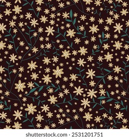 Seamless floral pattern, abstract ditsy print in old fashion motif. Romantic botanical design: hand drawn branches, twigs, small flowers, tiny leaves on a light background. Vector illustration