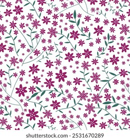 Seamless floral pattern, abstract ditsy print in old fashion motif. Romantic botanical design: hand drawn branches, twigs, small flowers, tiny leaves on a light background. Vector illustration