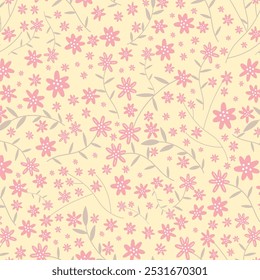 Seamless floral pattern, abstract ditsy print in old fashion motif. Romantic botanical design: hand drawn branches, twigs, small flowers, tiny leaves on a light background. Vector illustration