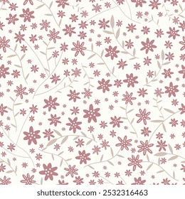 Seamless floral pattern, abstract ditsy print in old fashion motif. Romantic botanical design: hand drawn branches, twigs, small flowers, tiny leaves on a light background. Vector illustration