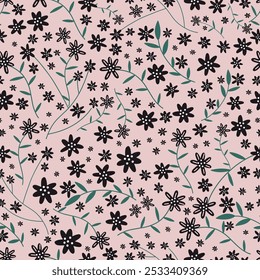 Seamless floral pattern, abstract ditsy print in old fashion motif. Romantic botanical design: hand drawn branches, twigs, small flowers, tiny leaves on a light background. Vector illustration