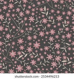 Seamless floral pattern, abstract ditsy print in old fashion motif. Romantic botanical design: hand drawn branches, twigs, small flowers, tiny leaves on a light background. Vector illustration