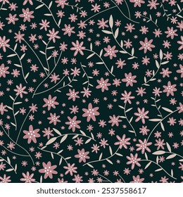 Seamless floral pattern, abstract ditsy print in old fashion motif. Romantic botanical design: hand drawn branches, twigs, small flowers, tiny leaves on a light background. Vector illustration