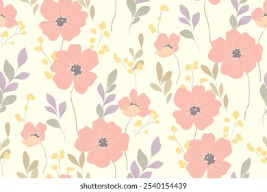 Modelo floral inconsútil, impresión sucia abstracta del prado romántico de la primavera en colores pastel delicados. Lindo diseño botánico, Grandes flores de color rosa dibujadas a mano, hojas Pequeñas, campo de luz. Ilustración vectorial.