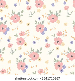 Seamless floral pattern, abstract ditsy print in romantic motif. Cute gentle botanical design in pastel colors: large hand drawn pink flowers, small daisies, leaves on white Simple vector illustration