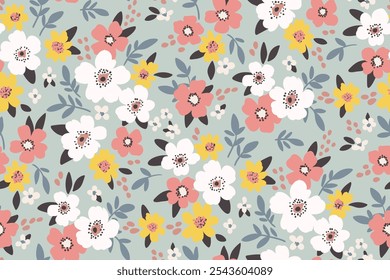 Patrón floral inconsútil, impresión sucia abstracta del prado decorativo delicado. Diseño botánico lindo, Pequeñas flores de margarita dibujadas a mano, hojas diminutas, composición de libertad en campo de luz. Ilustración vectorial