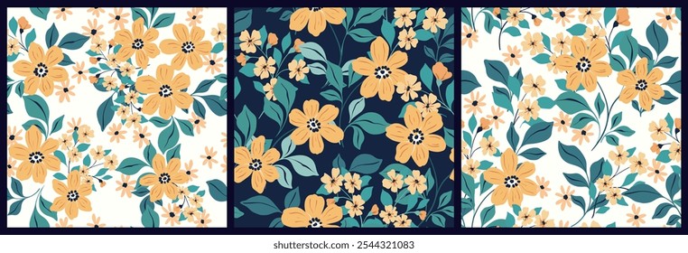 Seamless floral pattern, abstract ditsy print, ornament in decorative folk motif. Elegant botanical design, large and small hand drawn yellow flowers, green leaves, simple blooming branches. Vector.