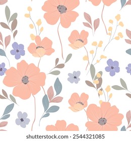 Seamless floral pattern, abstract ditsy tile print of large and small wild plants. Delicate botanical design in pastel colors, hand drawn pink flowers, herbs, leaves. Vector illustration.