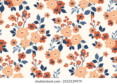 Padrão floral contínuo, impressão de ditsy abstrato no motivo folk. Design botânico bonito com plantas desenhadas à mão simples, pequenas flores amarelas, folhas azuis minúsculas, buquês floral. Ilustração vetorial.