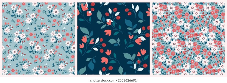 Seamless floral pattern, abstract ditsy print of mini hand drawn plants in winter colors. Cute botanical design: small white flowers, red berries, tiny leaves on a blue field. Vector illustration.