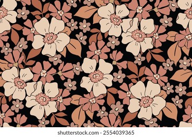 Seamless floral pattern, abstract ditsy print in retro motif. Beautiful botanical design in brown autumn colors: large hand drawn daisy flowers, small leaves on dark field. Vector illustration.