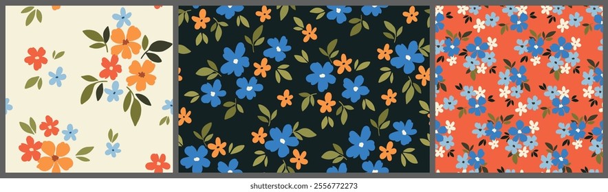 Seamless floral pattern, abstract ditsy print of mini hand drawn plants in retro motif. Pretty botanical design with small daisy flowers, tiny leaves, simple bouquets. Vector illustration.