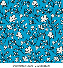 Padrão floral contínuo, impressão abstrata de ditsy de plantas de esboço. Design botânico artístico de pequenos ramos desenhados à mão, flores, folhas minúsculas, flores silvestres brancas com contorno preto. Ilustração vetorial.