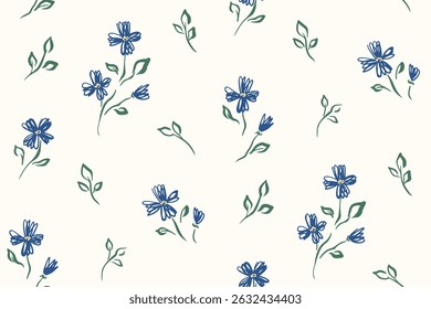 Seamless floral pattern, abstract ditsy print with simple sketch plants. Elegant botanical design in minimalist style, small hand drawn flowers, tiny leaves on white background. Vector illustration.