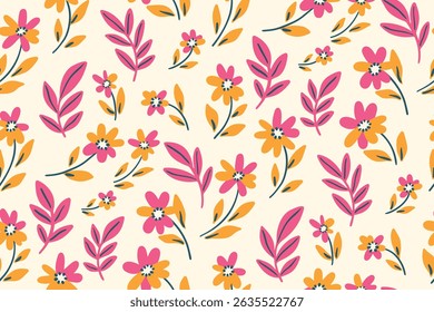 Seamless floral pattern, abstract ditsy print with simple decorative plants. Creative botanical design of small hand drawn pink daisy flowers, yellow falling leaves. Vector illustration.