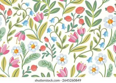 Padrão floral sem costura, impressão disy abstrata, ornamento natural bonito no estilo folk decorativo. Design botânico bonito de pequenas flores silvestres desenhadas à mão, folhas. Ilustração vetorial.