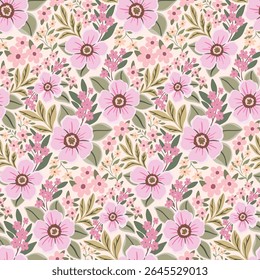 Padrão floral sem emenda, impressão abstrato e sutil de suave prado de arte decorativa. Design botânico bonito de grandes flores desenhadas à mão, folhas pequenas. Ornamento de motivo popular em cores pastel Ilustração de vetor