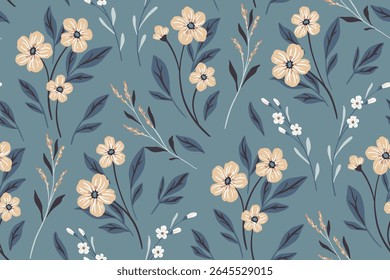 Padrão floral contínuo, impressão disy abstrato em estilo vintage. Papel de parede botânico elegante, design têxtil em azul. Pequenas flores silvestres desenhadas à mão, pequenos galhos, folhas. Ilustração vetorial.