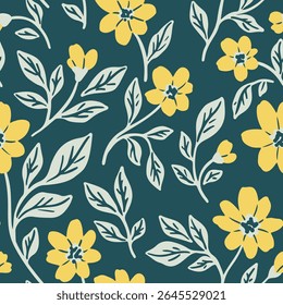 Padrão floral sem emenda, impressão abstrata ditsy de ramos de flores desenhadas à mão simples. Design botânico decorativo em motivos vintage. Pequenas flores amarelas, ramos, folhas em azul. Ilustração vetorial.
