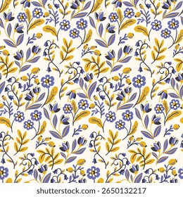 Seamless floral pattern, abstract ditsy print in decorative folk art style. Stylish botanical design, nature ornament of small hand drawn flowers, tiny leaves, berries in abstract. Vector illustration