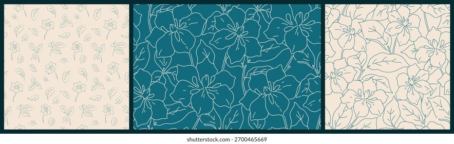 Patrón floral sin fisuras, impresión sucia abstracta de las plantas del arte de la línea. Elegante diseño botánico en dos colores. Flor de lirio dibujada a mano, Pequeños capullos, hojas Grandes. Ilustración vectorial en azul, blanco.