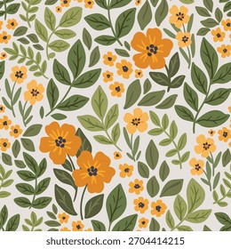 Padrão floral sem emenda, impressão abstrato de ditsy de prado desenhado à mão no motivo folclórico. Design botânico bonito de plantas silvestres pintadas simples, pequenas flores amarelas, grandes folhas verdes. Ilustração vetorial.