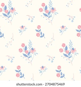 Patrón floral sin fisuras, impresión sucia abstracta en colores claros delicados. Lindo diseño botánico de plantas simples dibujadas a mano, Pequeñas rosas, hojas diminutas sobre un fondo blanco. Ilustración vectorial.