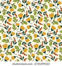 Seamless floral pattern, abstract ditsy print of mini simple plants in a folk motif. Cute botanical design of hand-drawn small yellow flowers, tiny green leaves, and wild berries. Vector illustration.