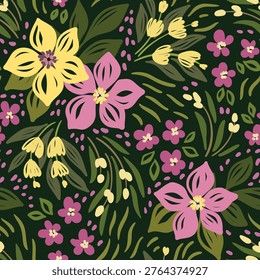 Seamless floral pattern, abstract ditsy print of hand drawn sketch motif summer meadow. Cute artistic style botanical design. Small, large wild flowers, leaves on green background. Vector illustration