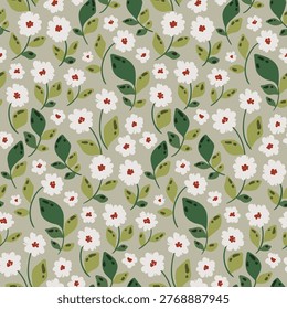 Seamless floral pattern, abstract ditsy print of hand drawn wildflowers on light green background. Cute botanical design of small white flowers, tiny leaves, simple plants. Vector illustration.
