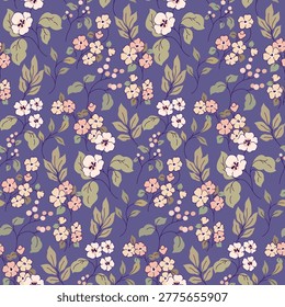 Seamless floral pattern, abstract ditsy print of hand drawn wild plants on purple background. Cute botanical design of gentle small flowers, leaves, tiny twigs, blooming branches. Vector illustration.