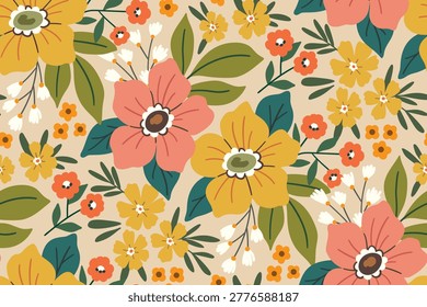 Seamless floral pattern, abstract ditsy print of hand drawn decorative art plants. Cute botanical design of wildflowers, pretty large flowers, small leaves on a beige background. Vector illustration.