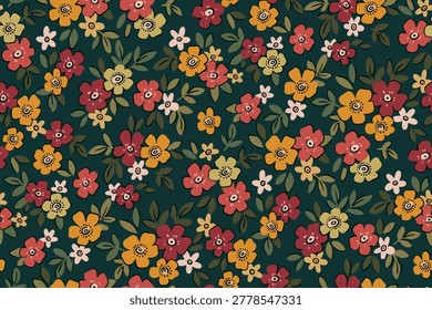 Seamless floral pattern, abstract ditsy print of tiny hand drawn plants in country fashion motif. Cute botanical design of small daisy flowers, mini leaves on dark green filed. Vector illustration.
