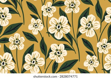 Seamless floral pattern, abstract ditsy print of hand drawn wild plants in vintage motif. Simple elegant botanical design of small flowers, large leaves on a yellow field. Vector illustration.