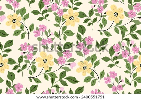 Seamless floral pattern, abstract ditsy print with spring botany in a folk motif. Cute botanical design: hand drawn small wild flowers, large leaves, branches on white. Vector flower pattern.