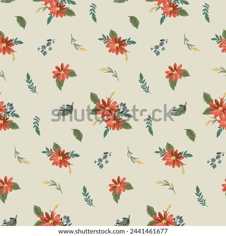 Seamless floral pattern, abstract ditsy print, vintage nature motif ornament. Elegant botanical wallpaper, textile design: hand drawn flowers, small leaves, bouquets. Vector illustration, repeat decor