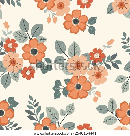 Seamless floral pattern, abstract ditsy print, folk style ornament of yellow flowers. Cute botanical design tile: decorative art hand drawn flowers, small leaves, simple bouquets. Vector illustration.