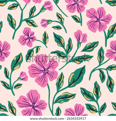 Seamless floral pattern, abstract ditsy print with hand drawn branches in vintage folk motif. Artistic botanical design, ornament of pink flowers, stems, large green leaves. Vector illustration.