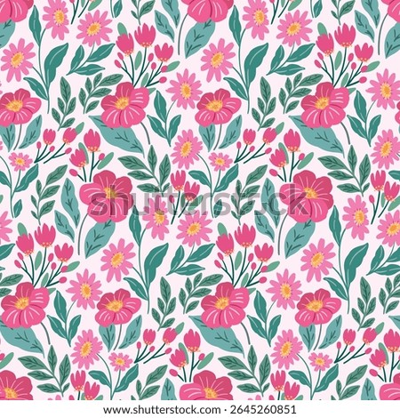 Seamless floral pattern, abstract ditsy print, ornament in decorative folk style. Cute botanical design of large hand drawn red flowers, small green leaves. Pretty textile fashion. Vector illustration
