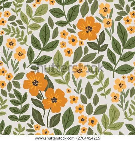 Seamless floral pattern, abstract ditsy print of hand drawn meadow in folk motif. Cute botanical design of simple painted wild plants, small yellow flowers, large green leaves. Vector illustration.