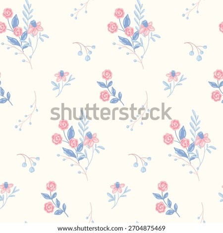Seamless floral pattern, abstract ditsy print in delicate light colors. Cute botanical design of simple hand drawn plants, small rose flowers, tiny leaves on a white background. Vector illustration.