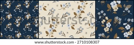 Seamless floral pattern, abstract ditsy print in autumn, winter motif. Elegant botanical design of hand drawn wild plants, small flowers, branches, leaves on a blue background. Vector illustration.