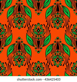 Seamless floral pattern with abstract doodle flowers on orange background. Vector illustration. Can be used for fabrics, wallpapers, wrapping design, scrap-booking, web sites, flyers, invitation